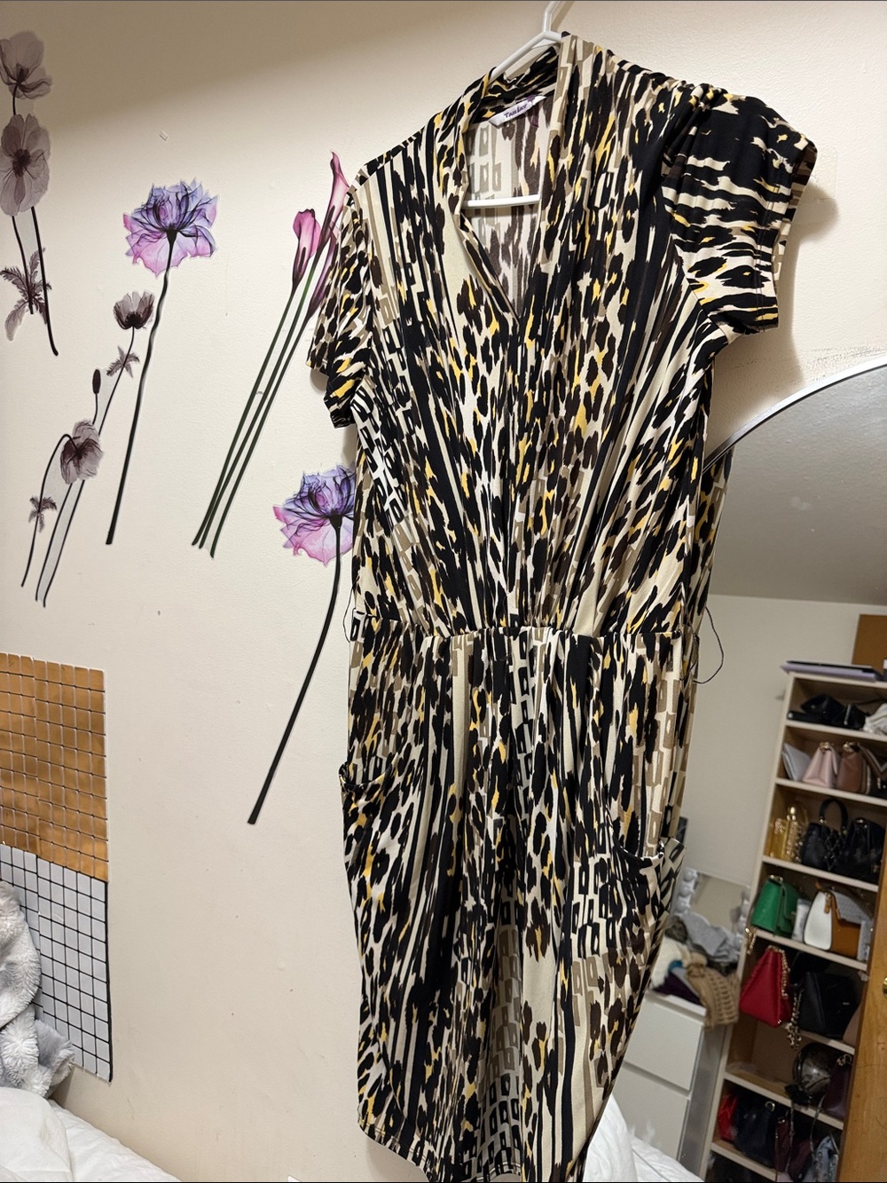 TanJay Black, Cream & Yellow Animal-Print V-Neck Dress